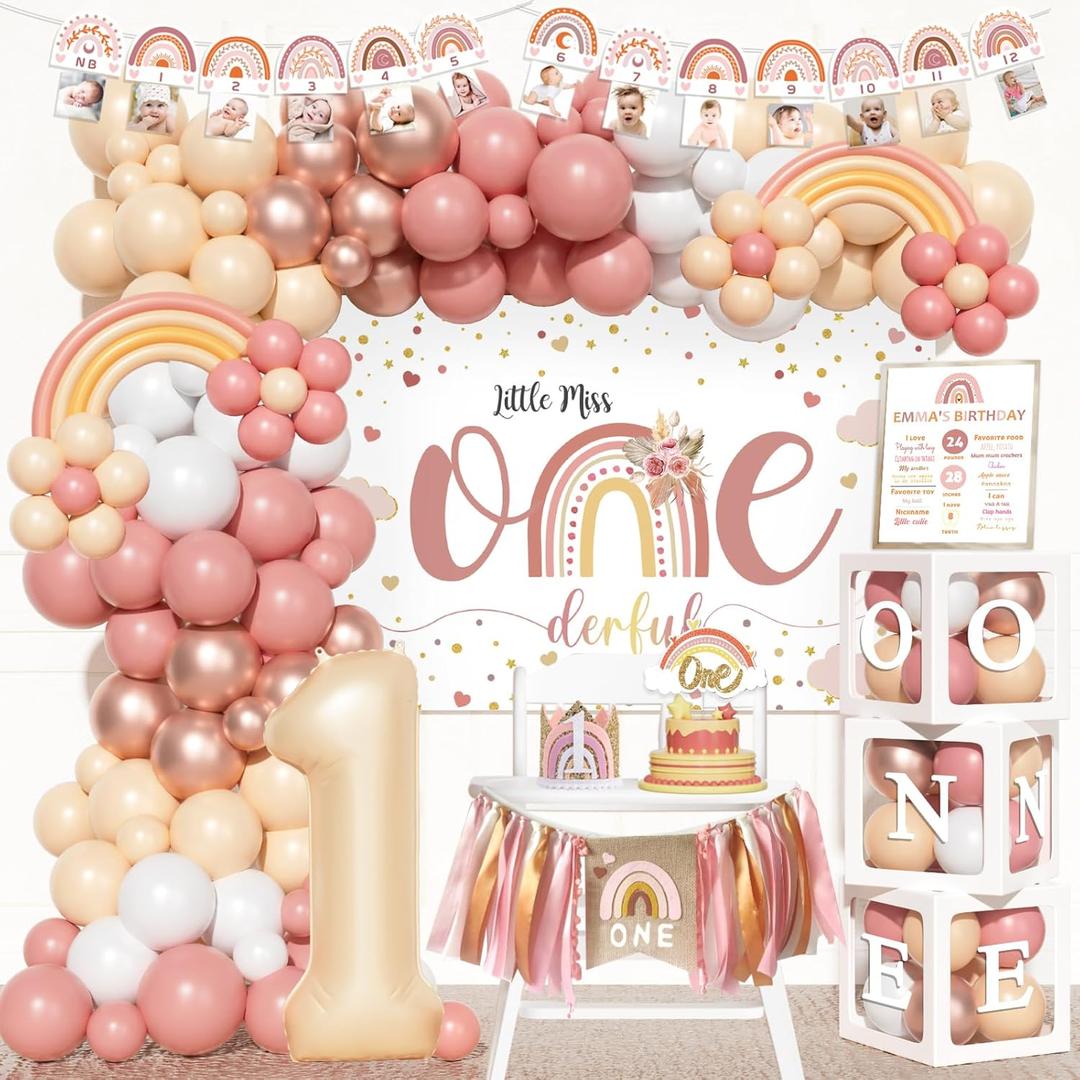 Boho Rainbow 1st Birthday Decorations, 123PCs - Onederful 1st Birthday Party Supplies with Little Miss Onederful Backdrop, Balloon Garland, Banner, Cake Topper, Poster, Crown