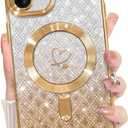 Bonoma Compatible with iPhone 17 Case 2025 Support for MagSafe, Plating Heart Glitter Magnetic Checkered Case TPU Camera Protection Back Cover for Girls Women -Gold