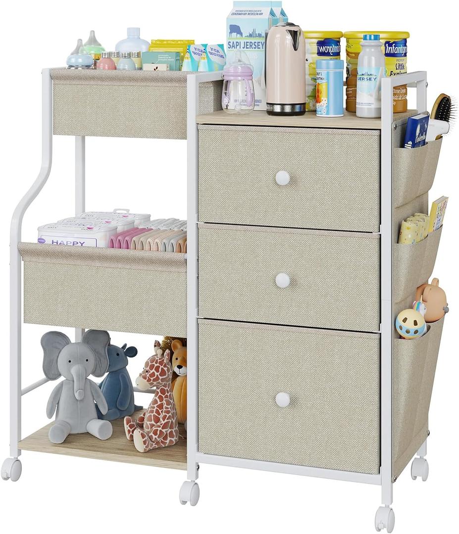 Baby Diaper Caddy, 3 Tier Baby Organizer and Storage Cart with Dividers and Drawers, Mobile Utility Rolling Cart, Baby Newborn Essentials Storage Cart with Wheels for Nursery, Bedroom, Beige