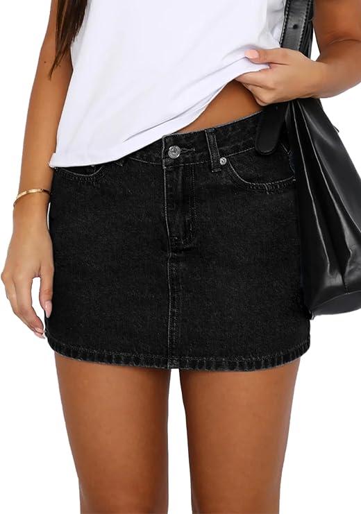 DEICAEVO Womens Denim Skirt Casual Mini Jean Skirt Stretch Low Waist Jean Skirt for Women Zip Fly Denim Mini Skirts Black XS