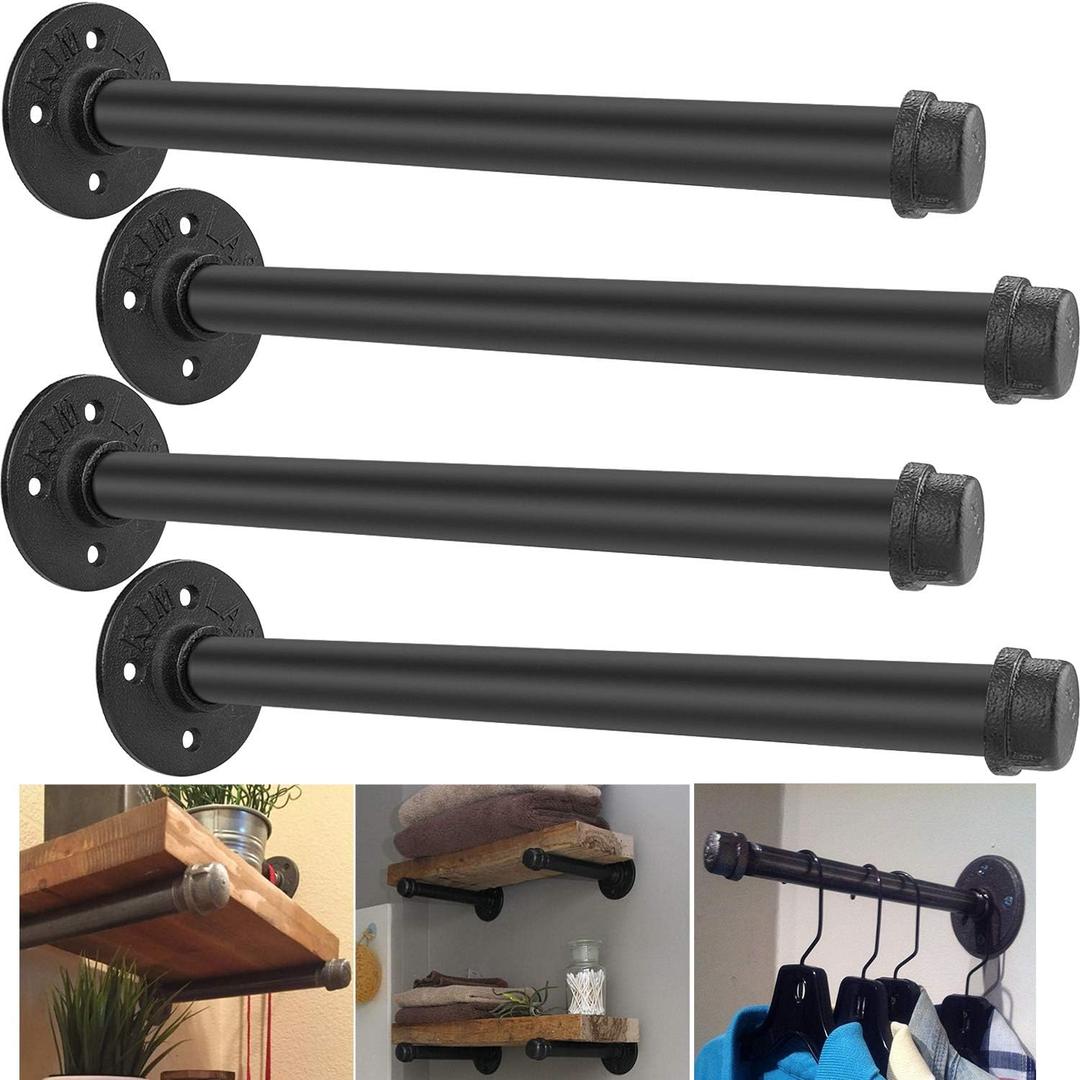 Industrial Pipe Shelf Brackets 12 inch - Set of 4, Rustic Floating Shelf Brackets with Iron Fittings, Flanges and Pipes for Vintage Furniture Decor, Wall Mounted DIY Bracket, Garment Rack Hardware (Black)