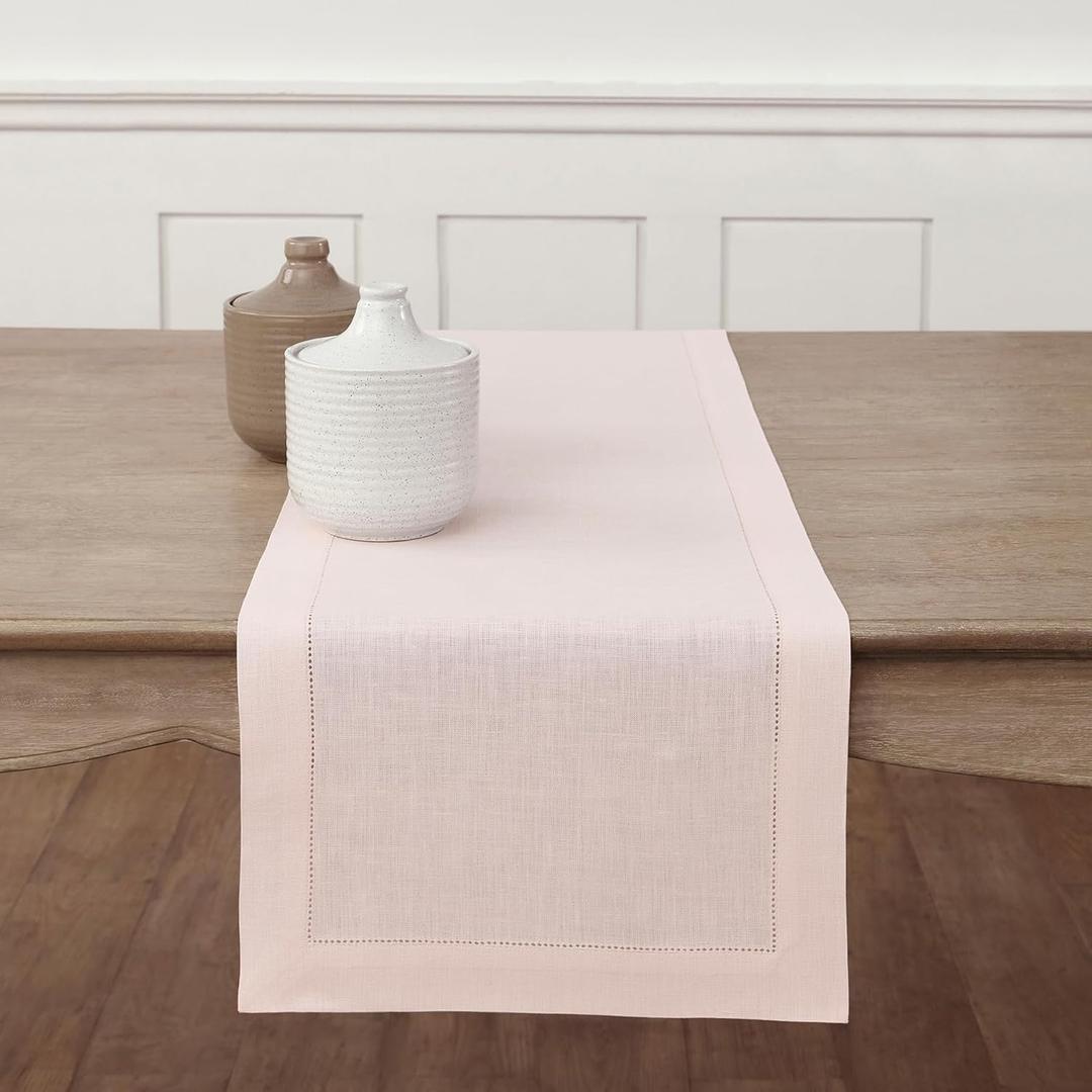 Solino Home Linen Pink Table Runner 72 Inches Long - 100% Pure Linen Hemstitch Table Runner 14 x 72 Inch for Dresser, Dining, Mothers Day, Spring, Summer - Classic Hemstitch