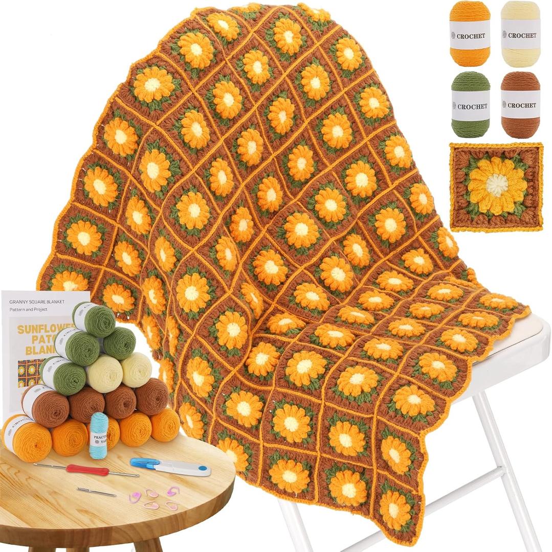 Blanket Crochet Kit for Beginners, Granny Squares Crochet Blanket Kit with Soft Yarns, Detailed Instructions & Step-by-Step Tutorials, Easy Knitting Kit for Beginner Craft Gift(Brown Sunflower)