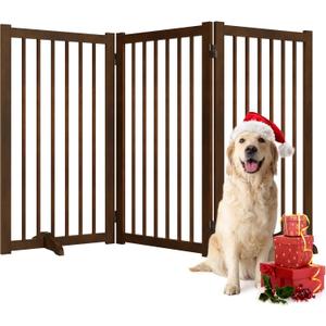 36" H Freestanding Dog Gate, Solid Wood Foldable Pet Gate with Support Feet, Wooden Tall Dog Gate for Doorway, Stairs & Indoor Use, 60" Wide Expandable Pet Fence, 3 Panels, Walnut