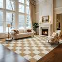 Washable Rug 8x10 Checkered Rug, Beige and White Area Rug, Boho Large Rugs for Living Room, Low Pile Lightweight Indoor Carpet with Non-Slip Backing for Bedroom Classroom Playroom Kids