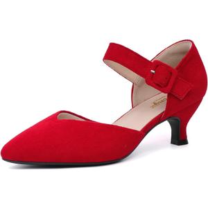RIBONGZ Comfortable Kitten Heels for Women Pointed Closed Toe Ankle Strap Buckle Heels Slip on Low Heel Church Pumps Wedding Bridal Party Dressy Shoes (9.5, Red)
