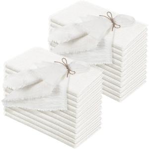 24 Pcs Fringe Napkins Bulk Cloth Cotton Soft Handmade 17 x 17 Inch Rustic Reusable Washable Festive Square Table Napkins with Fringe for Parties Wedding Restaurant Rustic Table Accessory (White) (White)
