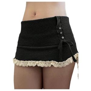 GORGLITTER Women's Lace Bodycon Mini Skirts Y2k Bow High Waisted Color Block Sweater Knit Pencil Skirts Black Small