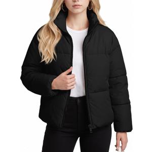 WHN Women Cropped Puffer Jacket Coat Winter Quilted Outerwear 2026 (Black, S)