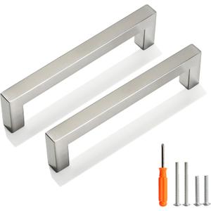 Redunest Cabinet Pulls Brushed Nickel Cabinet Handles Square Drawer Pulls, 5 Pack 5 Inch Stainless Steel Kitchen Door Cupboard Cabinet Handles, Cabinet Hardware Drawer Handles, 128mm Hole Centers