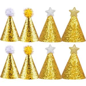 8pcs Golden Cone Party Hats for Infants Pets: Glitter Star Ball Birthday Hats Celebration Headwear with Gold Ropes for Fun Party Supplies Decorations