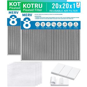 20x20x1 Reusable Air Filter Kit: Includes 4 replaceable MERV 13 filter pads and MERV 8 electrostatic aluminum mesh filter, suitable for HVAC and fireplace systems (2-Pack)