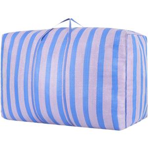 Nylon Woven Bag, Large Moving Bags with Zipper & Handles, Quilt Clothes Storage Bags Totes Bins, Snake Skin Bag Packing Moving Boxes for College Supplies (Blue/White - 1 Pack)