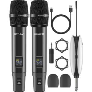 Wireless Microphones,Metal Microphone with Dual Professional UHF Cordless Dynamic System,Rechargeable Microphone Receiver for Karaoke Singing, Wedding,Party, DJ, Speech, Church, Class Use,240ft