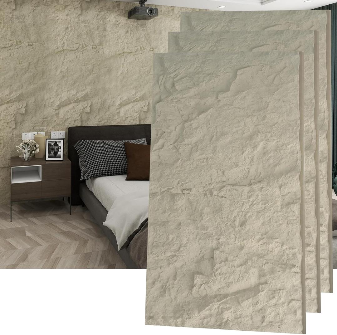 KASARO 3D Faux Stone PU Wall Panels, 3 Pieces Wainscoting Panel Accent for Interior Wall Decor, Waterproof Wall Covering, 47.24  23.62 inch, Cement Lily