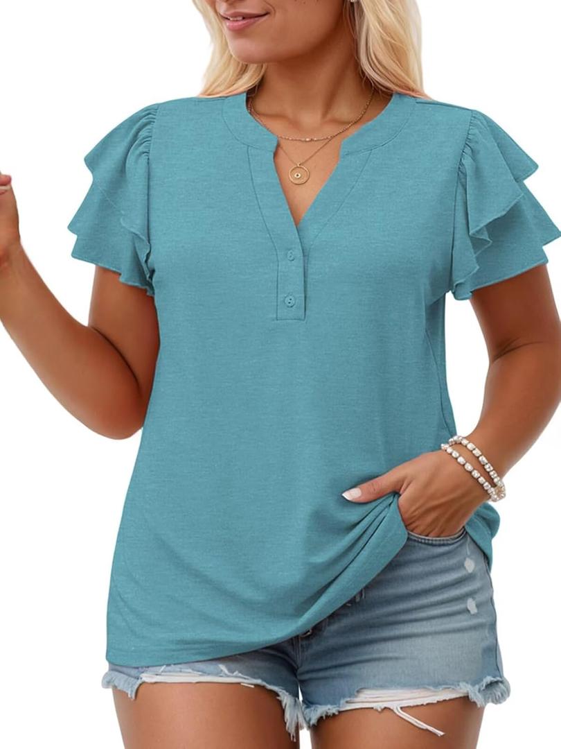 Plus Size Button Down Shirts for Women Cute Tops Casual V Neck Blouses Loose Fit Ruffle Short Sleeve Tunics 4X Navy Blue