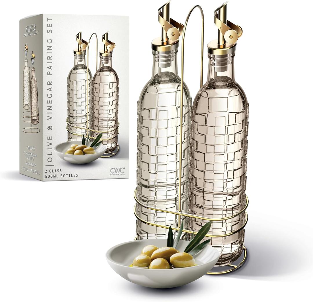 COOK WITH COLOR Glass Olive Oil Bottle Dispenser - 2 Pack- 17oz Oil and Vinegar Cruet - Olive Oil Carafe Decanter for Kitchen, Checkered, Brown