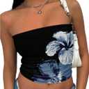 Women's Y2K Floral Strapless Tube Tops Sleeveless Fitted Crop Bandeau Top Going Out Tanks (Large, Black)