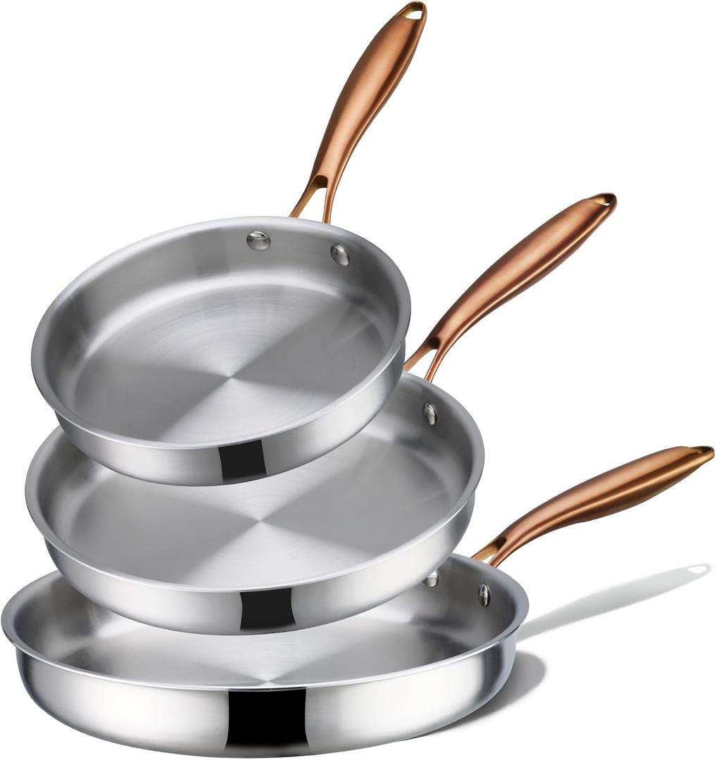 CAROTE 3-Piece Tri-Ply Stainless Steel Frying Pan Set, Skillet Set 8"/10"/12", Induction Compatible, Oven & Dishwasher Safe, Gold Handle, Mothers Day Gifts