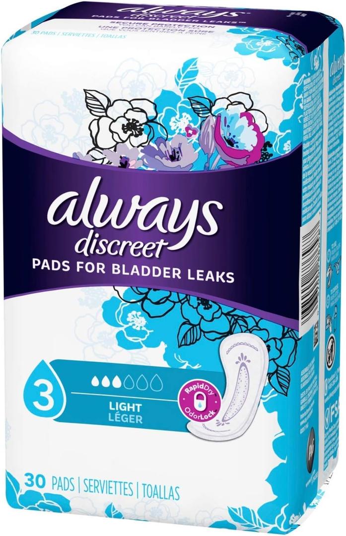 Always Discreet, Incontinence Light Pads, 3 Drops - 30 Pads Each (Value Pack of 3)