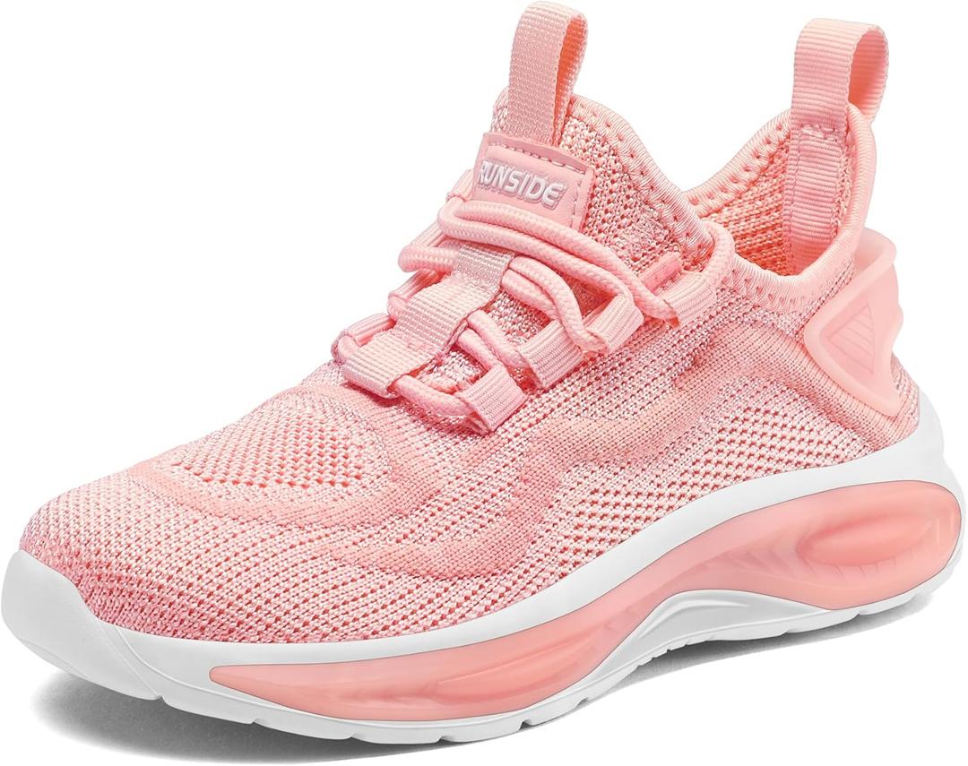 RUNSIDE Boys Girls Sneakers, Lace up Kids Tennis Shoes for Walking/Running Lightweight Breathable Gym Shoes Outdoor, Size 3 (Pink)