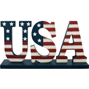 Veclotch 4th of July Wood USA Letter Sign Patriotic Table Decor, US Flag Cutout Block Letter Table Sign Freestanding Word Veterans Day Labor Day Memorial Day Red White Blue Decor