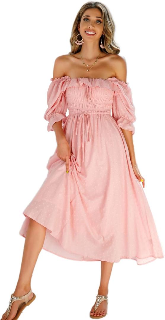 R.Vivimos Women Summer Half Sleeve Cotton Ruffled Vintage Elegant Backless A Line Flowy Long Dresses (Small, Pink#2)