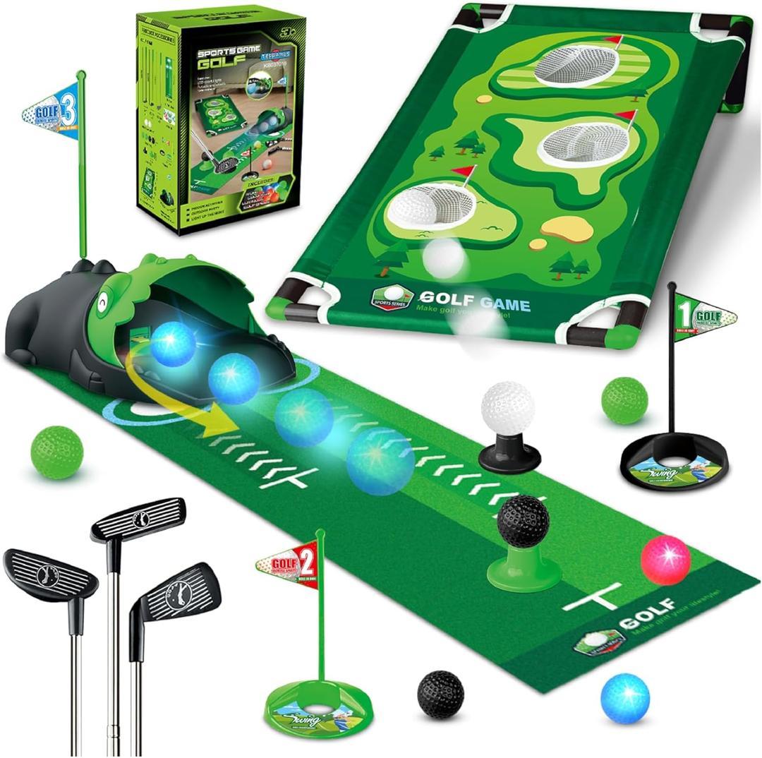 3 in 1 Kids Golf Set with Dinosaur Automatic Golf Returner, Golf Cornhole Board, Led Light Up Balls, Putting Mat, 3-8 Toddler Mini Golf Games, Indoor Outdoor Golf Toys Gift for Boys Girls 3+