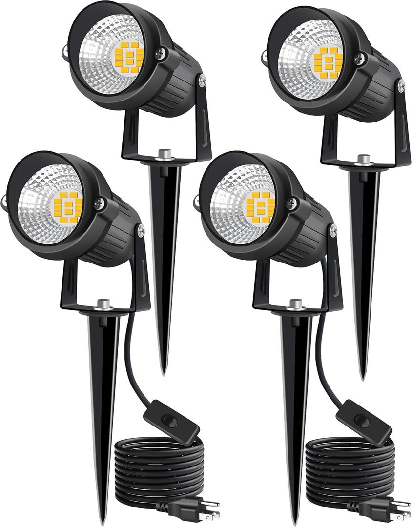 Landscape Lighting Outdoor IP66 Waterproof, 12W 3000K 1400LM LED Landscape Lights Spotlight, Plug in Garden Spot Lights with 6.6FT Cord and On/OFF Switch for Yard, Pathway, Plant, Tree, Flag, 4 Pack (3000K Warm White)