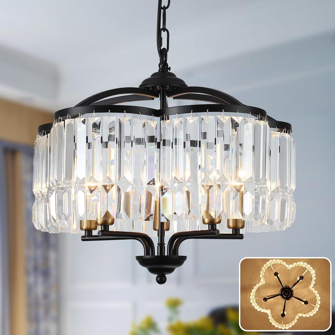 Modern Crystal Chandelier for Dining Room - Adjustable 5 Lights Black Farmhouse Pendant Light Fixture Hanging for Foyer Bedroom Living Room Hallway Kitchen