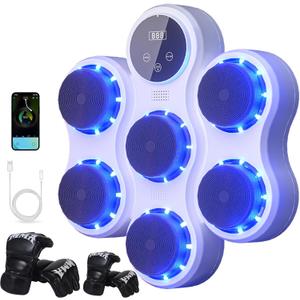 Smart Music Boxing Machine for Adults & Kids - Wall Mounted Boxing Machine with LED Lights, 9 Speed Modes, 2 Gloves & Extra Straps - Type-C Charging - Home & Gym Boxing Equipment (White Blue)