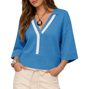Saodimallsu Womens Short Sleeve Sweater Tops V Neck Collared Oversized Color Block Casual Summer Knit Polo Shirts (Blue, M)