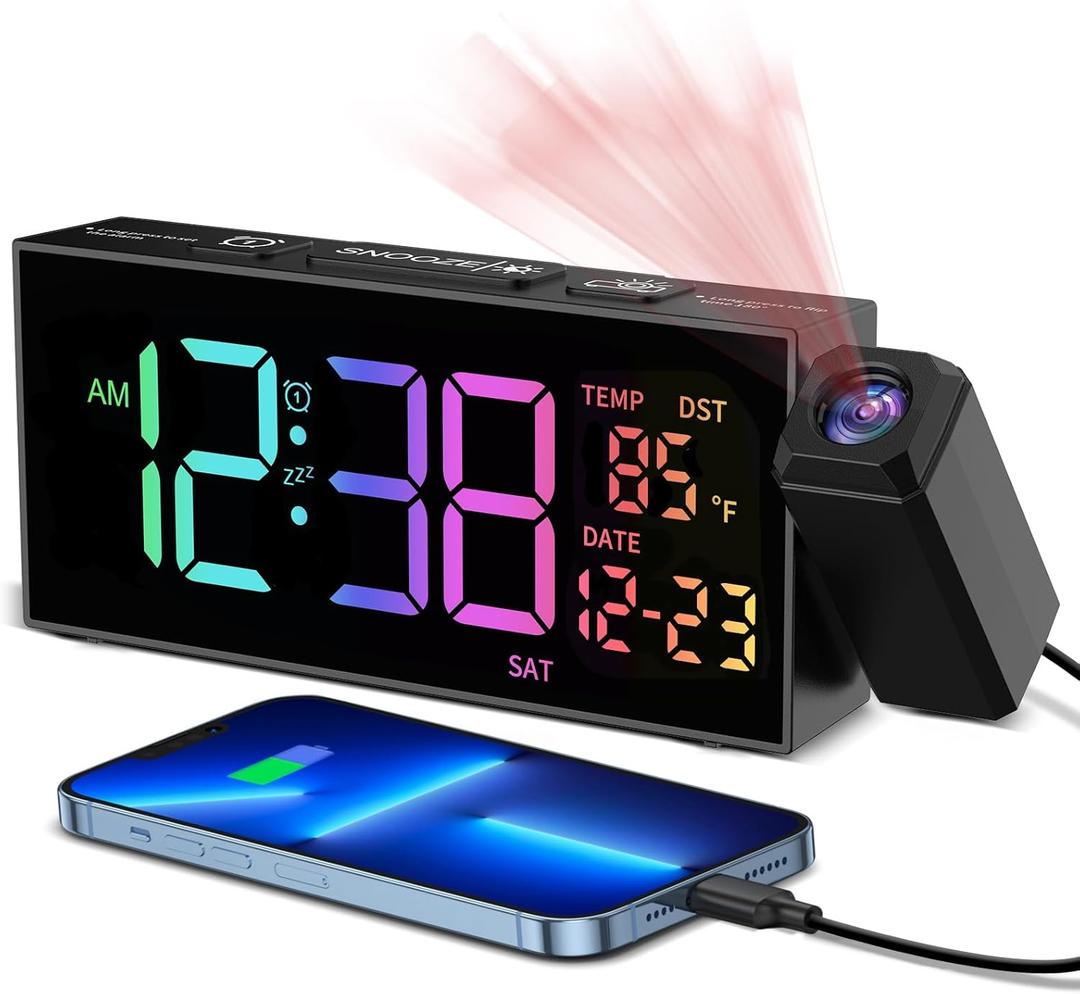 Netzu Projection Clock for Bedroom Ceiling, Alarm Clocks with 180 Rotatable Projector, Date Temperature and Weekday, Manual DST, 5 Brightness, 10 Ringtones, 4 Volumes and Snooze (RGB)