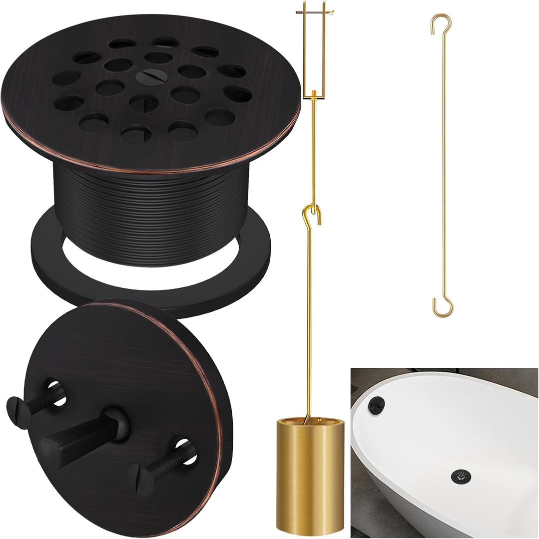 Tub Drain Linkage Assembly with Trip Lever and Strainer Done Cover, Universal Overflow Faceplate Trim Kit with Screws, Fit for Bathtub Trip Lever Waste and Overflow Drain Kit, Oil Rubbed Bronze