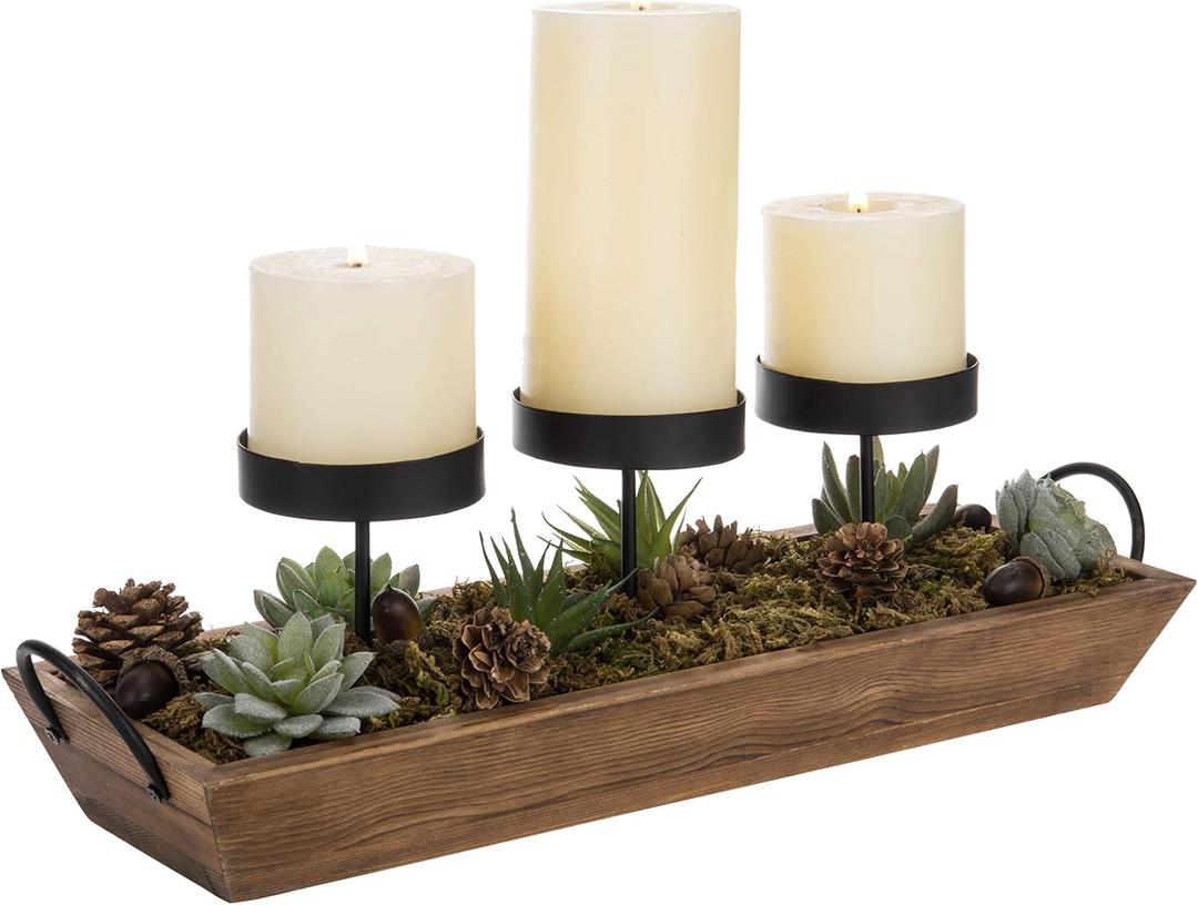 MyGift 3Pillar Black Metal Candle Holder with Rustic Wood Tray and Handles, Tabletop/Mantel Centerpiece