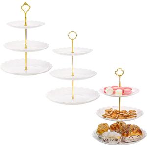 Tosnail 3-Pack 3-Tiers White Plastic Cupcake Stand, Dessert Serving Trays, Party Serving Tray Fruit Pastry Holders Catering Tray for Wedding, Party, Gathering - Round with Gold Rod