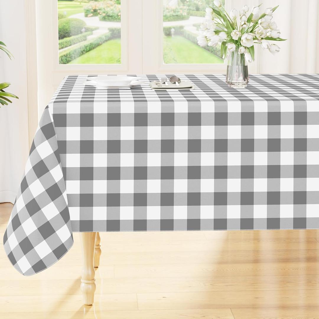 Rectangle Table Cloth, Waterproof Vinyl Tablecloth with Flannel Backing, Wipeable Buffalo Plaid Table Cover for Dining, Indoor and Outdoor (Grey & White, 60"x102")