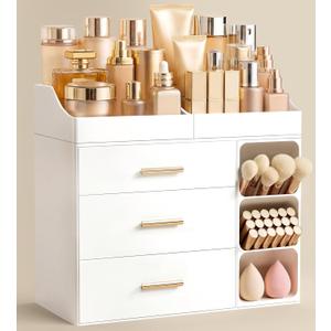 HBlife Makeup Organizer Countertop with Brush Holder,Large Bathroom Counter Organizer with Drawers,Skincare Organizers for Vanity,Plastic Dresser Organizer Storage Gift for Women Girl Mom,All White