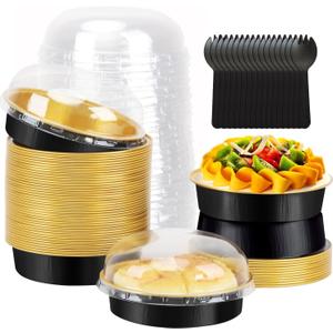 LNYZQUS 8oz Mini Cake Tins with Dome Lids 50 Pack, Small Pie Pans 4 Aluminum Foil Baking Pans Cups,Disposable Ramekins Individual Cake Containers Holders for Tart Quiche Flan-Black