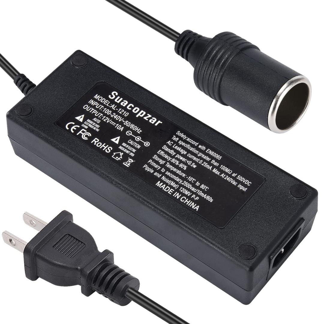 12V 10A Car Power Adapter Female Auto Cigarette Lighter Plug, AC 100-240V to DC 12V 10A 120W Power Supply Adapter AC to DC Converter Transformer for Car Powered Device