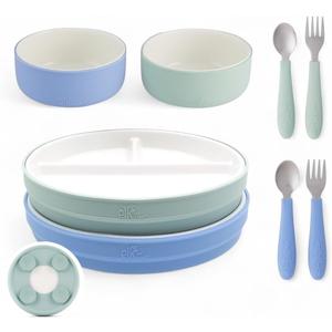 Elk and Friends Kids Porcelain Mealtime Bundle with Suction Sleeves | Plates, Bowls + Toddler Utensils | Silicone Sleeves | For Meals + Snacks | Microwave + Dishwasher Safe (Sage/Misty Blue (Suction Sleeves))