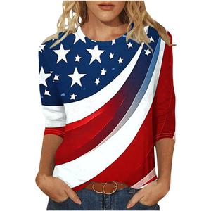 4th of July Womens Red White and Blue Shirts 3/4 Sleeve Patriotic Tops American Flag Graphic USA Tees Patriotic Tunic, XL