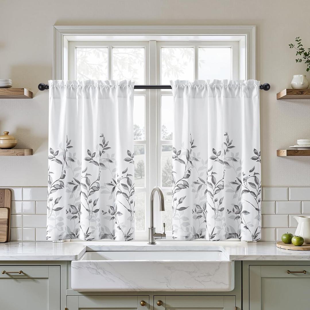 HOMEIDEAS Kitchen Curtains, Short Non-See-Through Privacy 30X36 Inch Length Tier Curtains, Grey and White Leaf Floral Printed Light Filtering Semi Sheer Small Window Drapes for Bathroom Cafe, 2 Panels