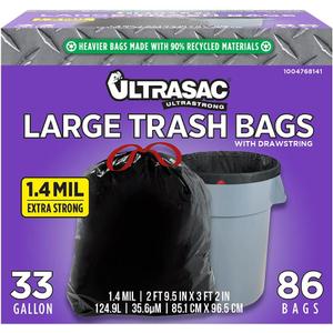 Ultrasac Black Large Heavy Duty Drawstring Trash Bags 33 Gallon 1.4 MIL, 33.5" x 38" - Pack of 86 - For Home, Commercial, Construction, & Outdoor