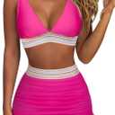 RXRXCOCO Mesh High Waisted Bikini Sets for Women Tummy Control Bathing Suits Color Block Two Piece Swimsuits with Skirt (Large, Hot Pink)