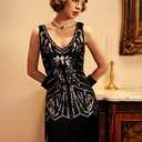 BABEYOND Women's Flapper Dresses 1920s V Neck Beaded Fringed Great Gatsby Dress (Black, L)