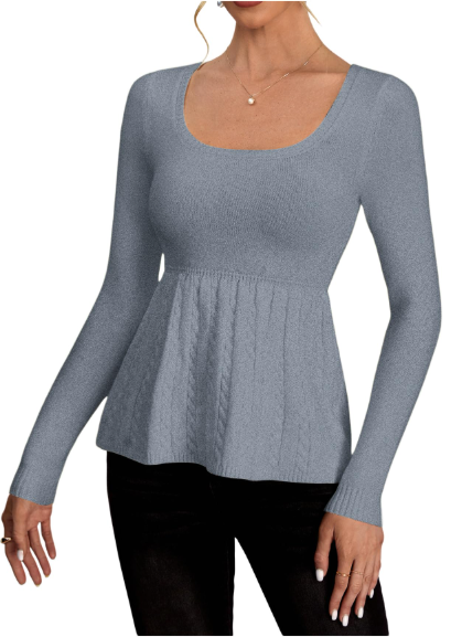 winkbay Women's Scoop Neck Peplum Sweater Long Sleeve Cable Knit Dressy Casual Pullover Tops Grey Small