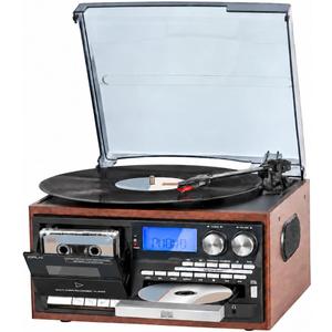 Multi-Format 9-in-1 Record Player for Bedroom and Study, 3-Speed Turntable with Bluetooth Input, CD/Cassette, USB/SD, AM/FM Radio, Built-in Speakers, RCA Line Out, Headphone Jack, Remote, Light Brown