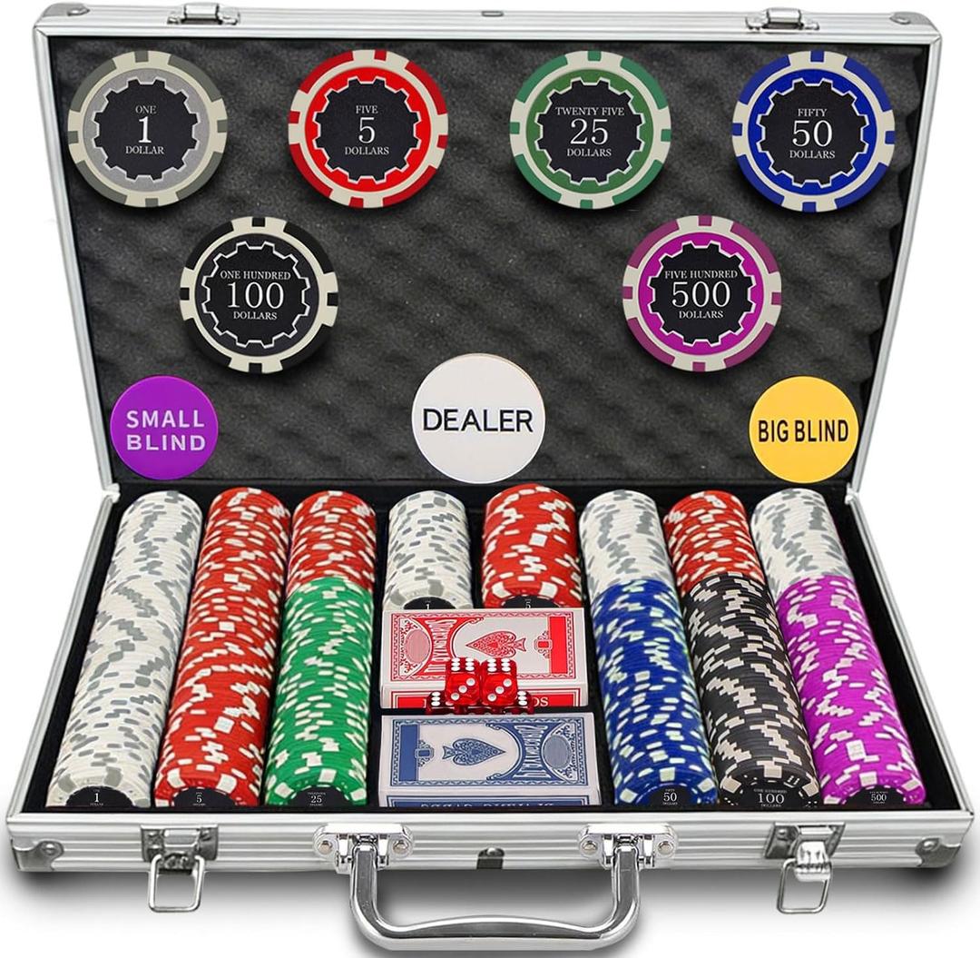 500PCS Poker Chips with Numbers Set with Aluminum Case, 11.5 Gram Composite Clay Chips, 2 Decks of Cards, 5 Dice & Dealer Button - Perfect for Texas Holdem, Blackjack, Casino Night (500 pcs)