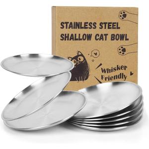 8-Pack Stainless Steel Cat Food Bowls, Shallow Whisker-Friendly Non-Slip Silicone Base Metal Dishes, Easy to Clean Indoor Feeding Flat Plates for Cat, Kitten, Small Dog (6.7")